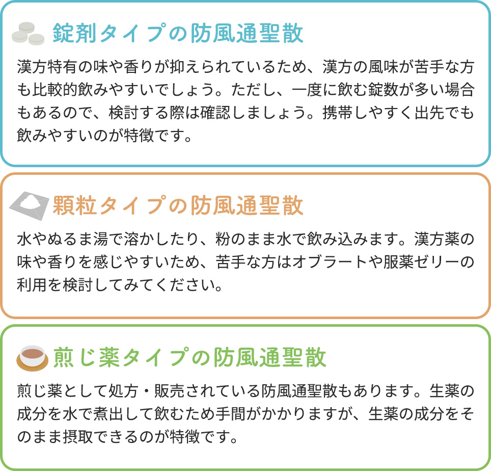防風通聖散の3つの剤形の特徴まとめ